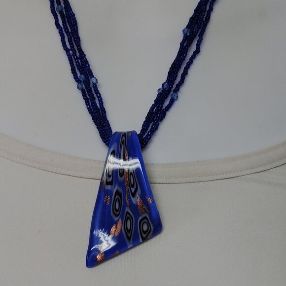 Artisan Cobalt Blue Glass Beaded Necklace With Abstract Art Glass Pendant - Picture 1 of 5